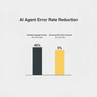 Bar chart showing error rate dropping from 40% to 5% with structured prompts