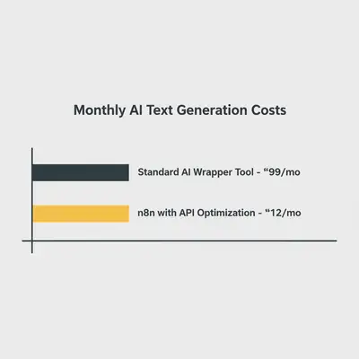 Bar chart comparing AI costs: Standard wrapper tool at $99/mo vs n8n optimized direct API usage at $12/mo