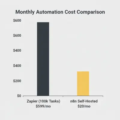 Column chart showing huge savings: Zapier costs $599/month for 100k tasks while n8n costs just $20/month