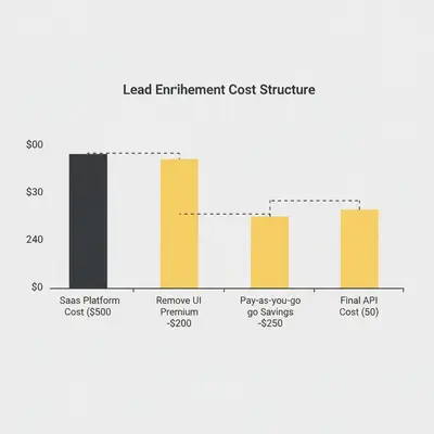 Waterfall chart showing how removing UI premiums and switching to pay-as-you-go APIs reduces lead enrichment costs from $500 to $50