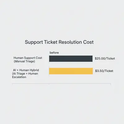 Bar chart comparing support costs: $25 per ticket for manual human support vs $3.50 per ticket for AI-human hybrid approach