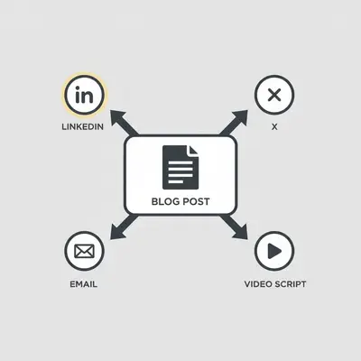 Content repurposing workflow diagram showing one blog post generating assets for four different channels