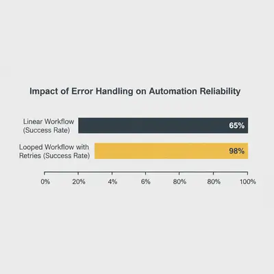 Bar chart comparing success rates: 65% for linear workflows vs 98% for looped workflows with retries