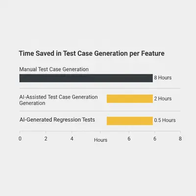 Horizontal bar chart showing time savings with AI in testing: 8 hours for manual, 2 hours for AI-assisted, and 0.5 hours for AI-generated regression tests per feature.
