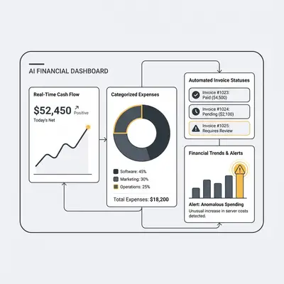_ A clean, modern AI-powered financial dashboard displaying real-time cash flow, categorized expenses, and automated invoice statuses, with graphs showing financial trends and alerts for anomalies