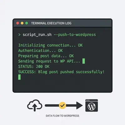 _ A screenshot of a terminal window showing a successful script execution log with green text indicating that a blog post was successfully pushed to the WordPress API