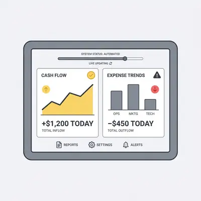 _ A small business owner reviewing a clean, automated dashboard on a tablet, showing real-time cash flow and expense trends