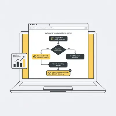 _ A small business owner reviewing an automated workflow on a laptop, with a simple flowchart visible on screen