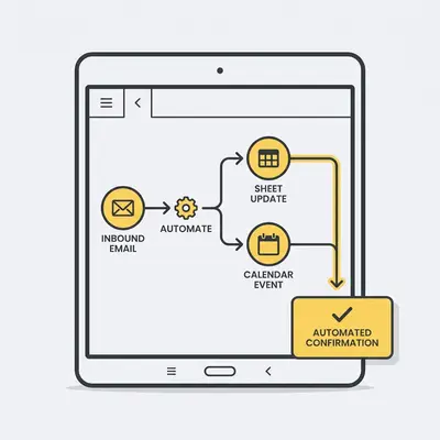 _ A small business owner smiling while reviewing a Google Workspace automation workflow on a tablet, showing interconnected icons for Gmail, Google Sheets, and Calendar