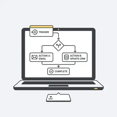 _ A small business owner reviewing an automation workflow on a laptop, with a simple flowchart visible on screen