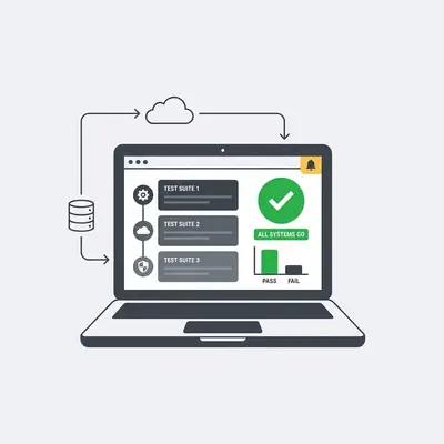 _ A small business owner reviewing an automated testing dashboard on a laptop, with a clear, green-lit status indicator visible on the screen