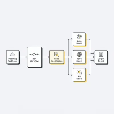 _ Ein Flussdiagramm, das zeigt, wie ein eingehender Webhook in einen n8n-Workflow gelangt, einen Luna-Klassifizierungsknoten durchläuft und sich in drei unterschiedliche Modellrouten für Luna, Terra und Sol