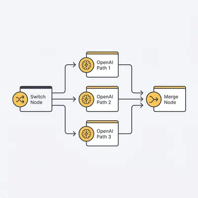 _ Eine n8n-Canvas-Oberfläche, die drei parallele Ausführungswege von OpenAI-Knoten zeigt, die von einem Switch-Knoten in einen einzigen nachgelagerten Merge-Knoten verzweigen