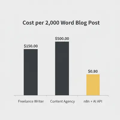 Column chart showing cost per blog post: Freelance Writer $150, Agency $500, n8n AI workflow $0.80