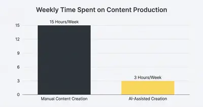 _ [GRAPH] Column chart. Manual Content Creation - 15 Hours/Week. AI-Assisted Creation - 3 Hours/Week. Chart title: Weekly Time Spent on Content Production at top. Alt text: Column chart showing a 12-hour reduction in weekly content production time when using AI tools
