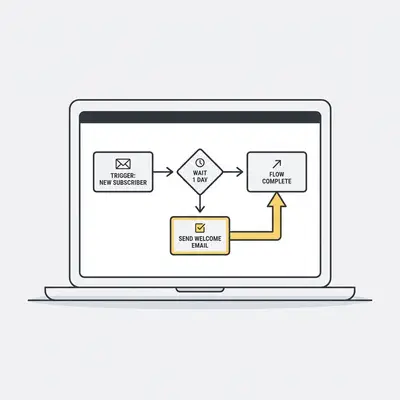 _ A solo business owner sitting at a clean desk, looking at a tablet that displays a simple, clear flowchart of an automated email sequence