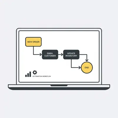_ A small business owner reviewing an automation workflow on a laptop, with a simple flowchart visible on screen, indicating steps like email receipt, extract data, and update spreadsheet