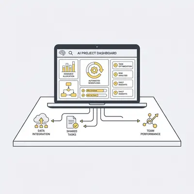_ Ein Team von Kleinunternehmensmitarbeitern, die an einem Tisch zusammenarbeiten, mit einem Laptop, der ein KI-gestütztes Projektmanagement-Dashboard zeigt