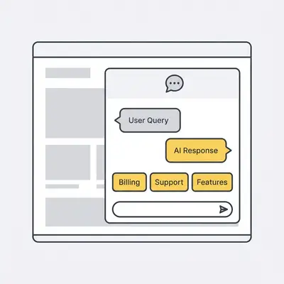 _ Screenshot of a user-friendly AI chatbot interface on a website, showing a conversation with common customer questions and quick reply buttons