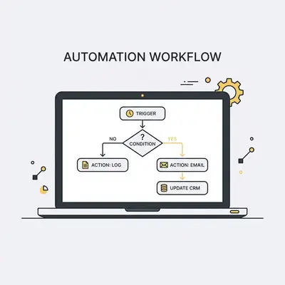 _ A small business owner reviewing an automation workflow on a laptop, with a simple flowchart visible on screen