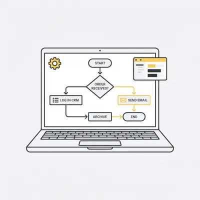 _ A small business owner reviewing an automation workflow on a laptop, with a simple flowchart visible on screen