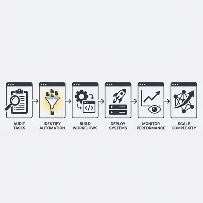 _ A six-step infographic showing a roadmap from auditing manual tasks to scaling complex, mission-critical automations