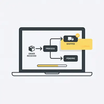 _ A small business owner reviewing an automation workflow on a laptop, with a simple flowchart visible on screen