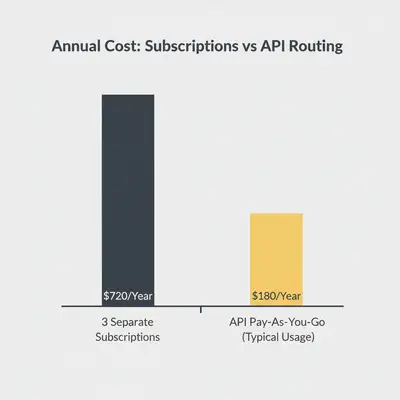 Column chart comparing annual costs: $720 for three subscriptions versus $180 for API usage