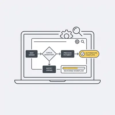 _ A small business owner reviewing an automation workflow on a laptop, with a simple flowchart visible on screen