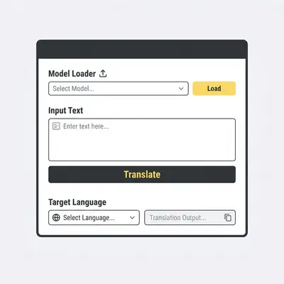 _ A screenshot of a user interface for a local LLM, showing options to load models, input text, and select target languages for translation