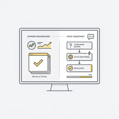 _ A small business owner looking relieved as a chatbot interface on their computer screen efficiently answers customer questions