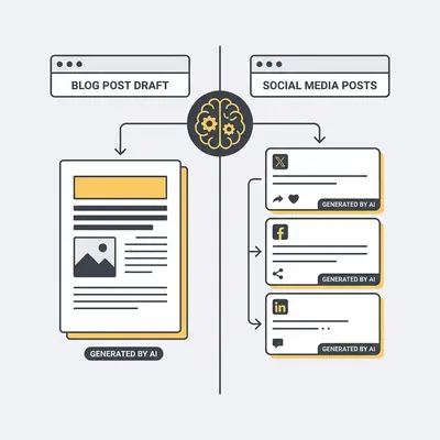 _ A split image showing a blog post draft on one side and a series of social media posts on the other, both generated by AI