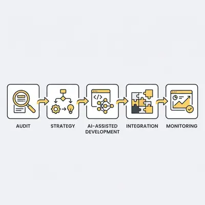 _ A clean, professional workflow diagram showing the Evalics process: Audit, Strategy, AI-Assisted Development, Integration, and Monitoring