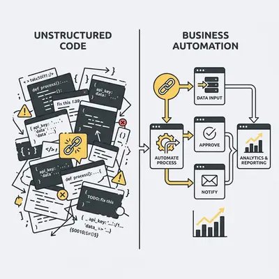 _ A split-screen graphic showing a chaotic pile of AI-generated code snippets on the left versus a clean, structured, and connected business automation workflow on the right