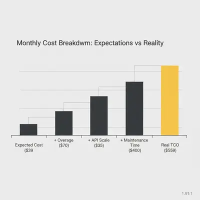 Waterfall chart showing how hidden costs increase monthly automation spend from $39 to $559