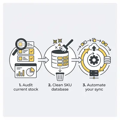 _ A three-step infographic showing the Data Hygiene cycle: 1. Audit your current stock, 2. Clean your SKU database, 3. Automate your sync