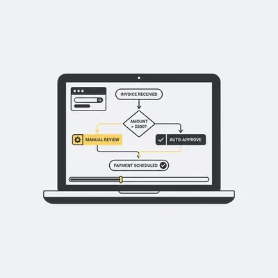 _ A small business owner reviewing an automation workflow on a laptop, with a simple flowchart visible on screen