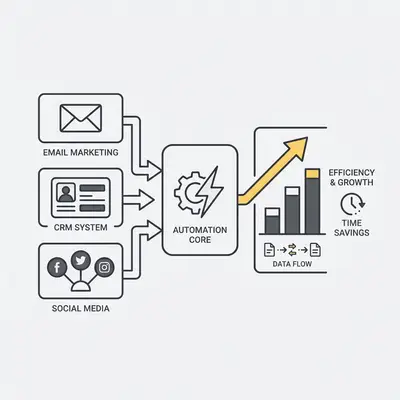 _ A generic small business automation graphic demonstrating efficiency. Various interconnected app icons (like email, CRM, social media) are shown with data flowing between them, representing streamlined processes and time savings. A small arrow points upwards, indicating growth