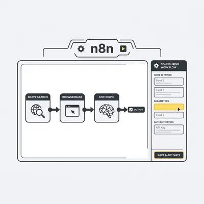 _ A developer configuring an n8n workflow canvas showing nodes for Brave Search, Browserbase, and Anthropic connected in sequence