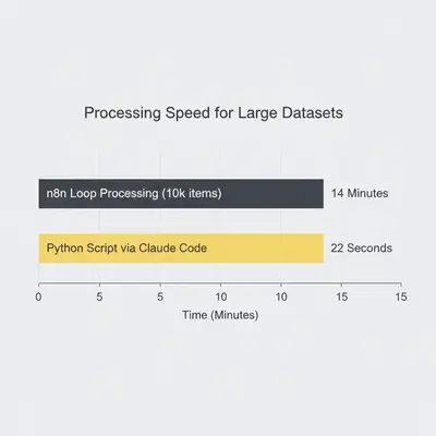 Bar chart comparing processing speed: 14 minutes for n8n loops vs 22 seconds for Python script