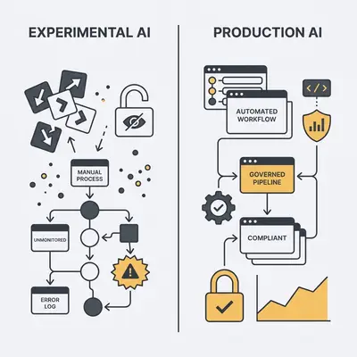 _ A split-screen comparison chart showing Experimental AI on the left with chaotic, manual, and unmonitored traits, versus Production AI on the right with structured, automated, and governed characteristics