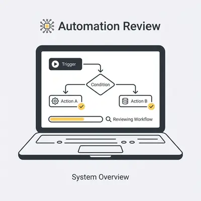 _ A small business owner reviewing an automation workflow on a laptop, with a simple flowchart visible on screen