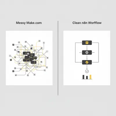 Visual comparison of complex Make scenario vs organized n8n workflow