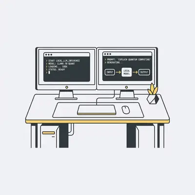 _ A clean, modern office desk featuring a high-end workstation with dual monitors displaying a terminal window running a local LLM inference process