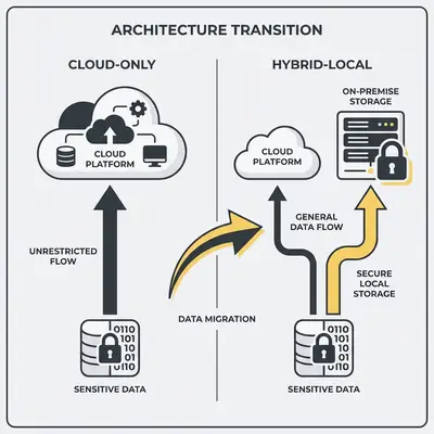 _ An infographic showing a transition from a Cloud-Only architecture to a Hybrid-Local architecture, where sensitive data stays on-premise