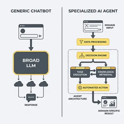 _ A split-screen infographic showing a generic chatbot on the left and a specialized, multi-layered AI agent architecture on the right, illustrating the transition from broad LLMs to domain-specific automation