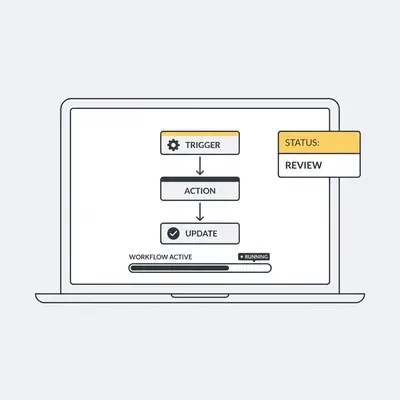 _ A small business owner reviewing an automation workflow on a laptop, with a simple flowchart visible on screen