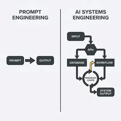 _ A split-screen infographic showing Prompt Engineering as a single input/output bubble versus AI Systems Engineering as a complex, interconnected workflow of databases, APIs, and feedback loops