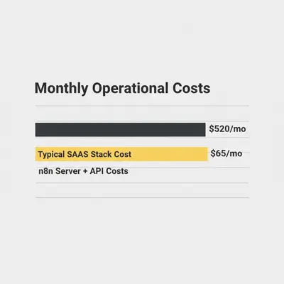 Bar chart showing massive cost reduction: $520/mo for SaaS stack vs $65/mo for n8n infrastructure