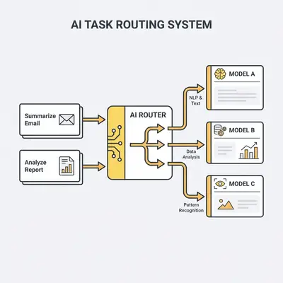 _ A diagram showing a central AI Router receiving different business tasks like Summarize Email and Analyze Report and directing them to different AI models (Model A, Model B, Model C) based on task type